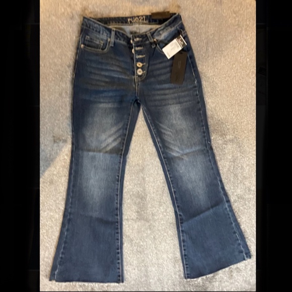 Rue21 Premium 5 Button High Rise Crop Flare Fringe Hem Blue Jeans NWT - Picture 2 of 6